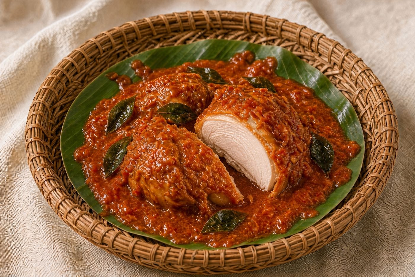 One chicken piece half closed in red gravy and half opened to clean white meat, on a banana leaf in a rotan woven tray.