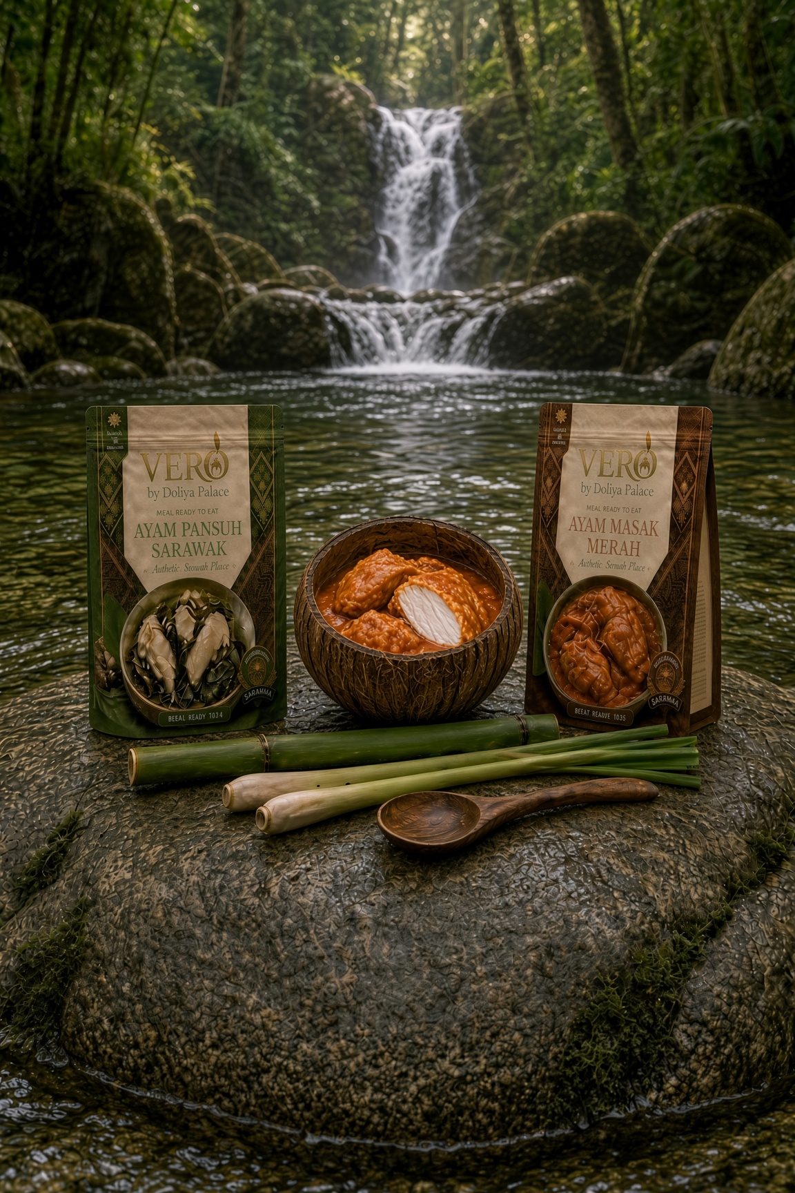 Two sealed VERO by Doliya Palace pouches, Ayam Pansuh and Ayam Masak Merah, beside ayam masak merah plated in a coconut shell, all set on a boulder in a Sarawak forest stream, with bamboo, lemongrass and a wooden spoon.